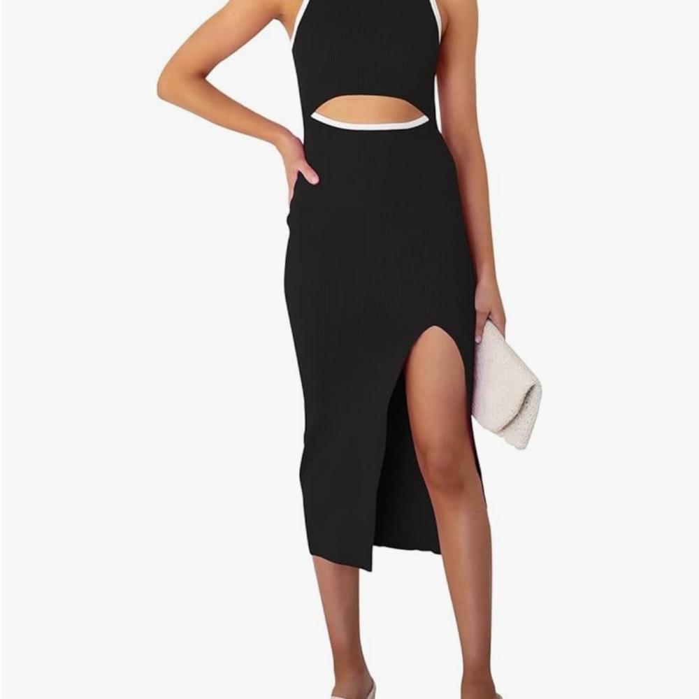 Black and White Cut-Out Ribbed Midi Dress